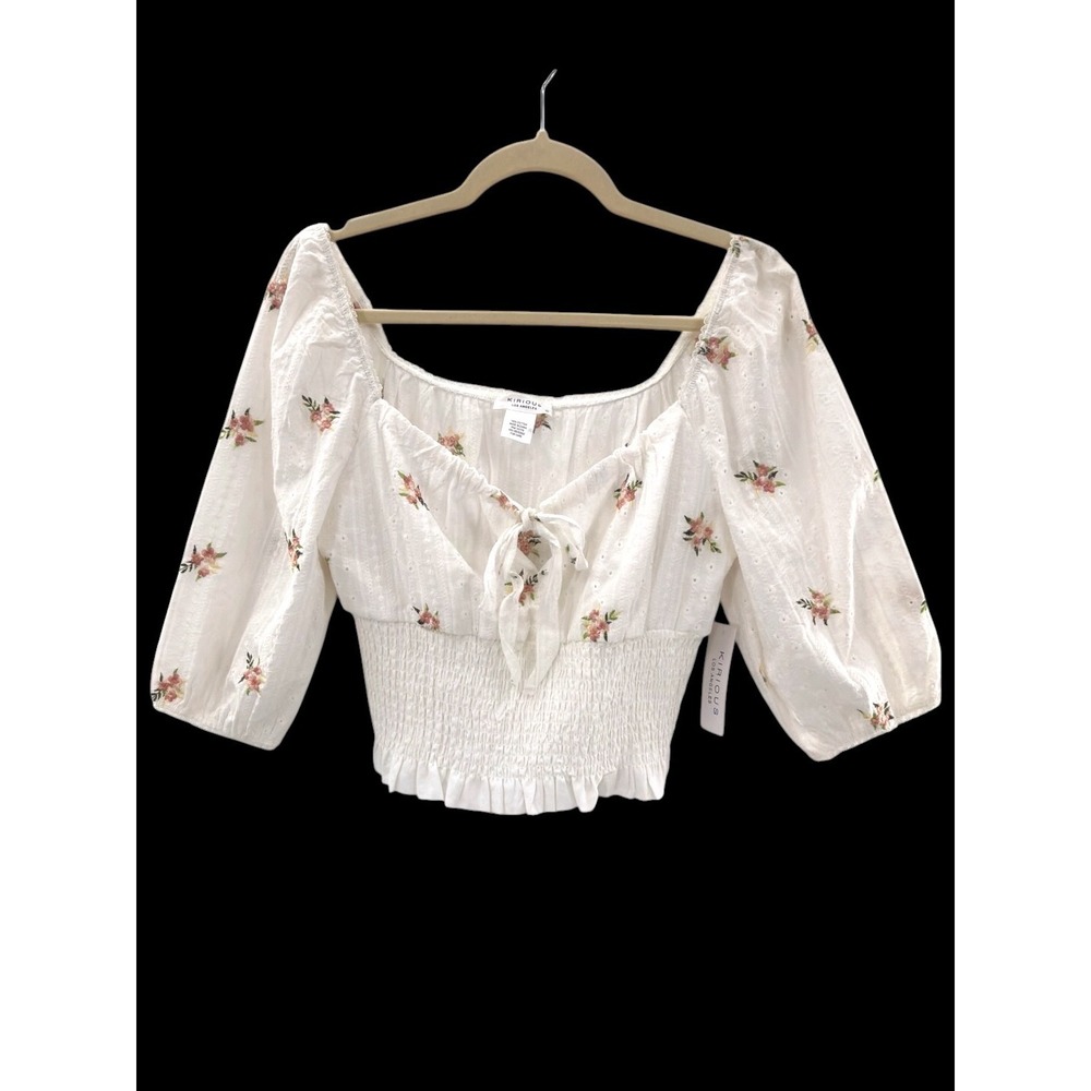 White Floral Embroidered Cottagecore Boho Crop Top L Smocked Fairycore Coquette